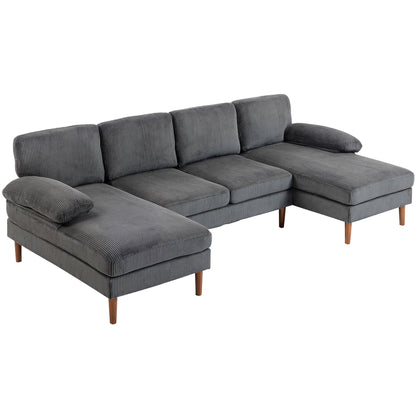 U Shape Couch with Double Chaise Lounge, Modern 4 Seater Sofa with Wooden Legs, Fabric Sofa for Living Room, Dark Grey