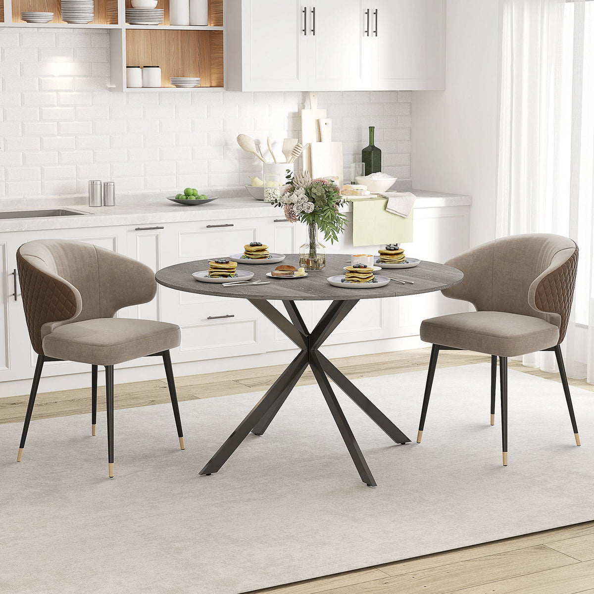 47" Round Kitchen Table for 4, Industrial Dining Table with Steel Legs for Dining Room, Grey Wood Grain and Black
