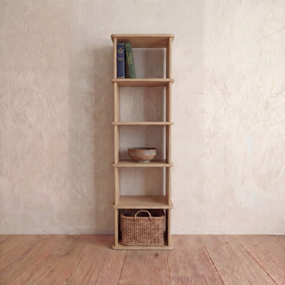 Narrow bookshelf in white oak