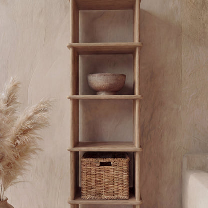 Narrow bookshelf in white oak