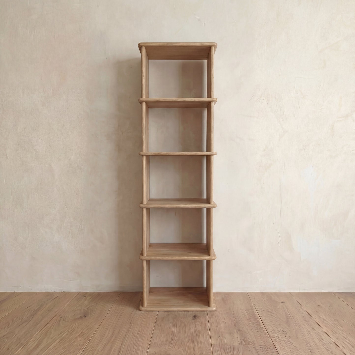 Narrow bookshelf in white oak