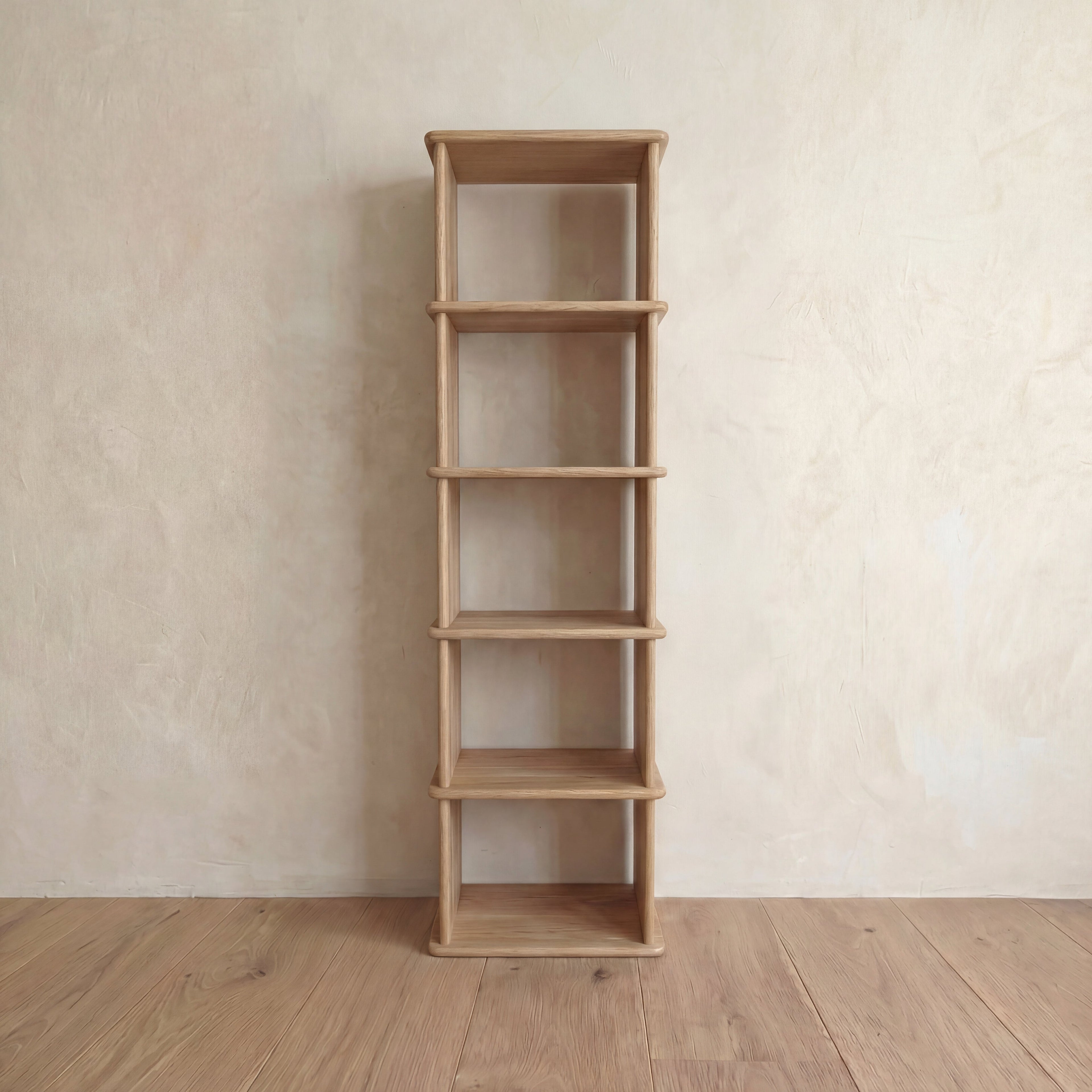 Narrow bookshelf in white oak