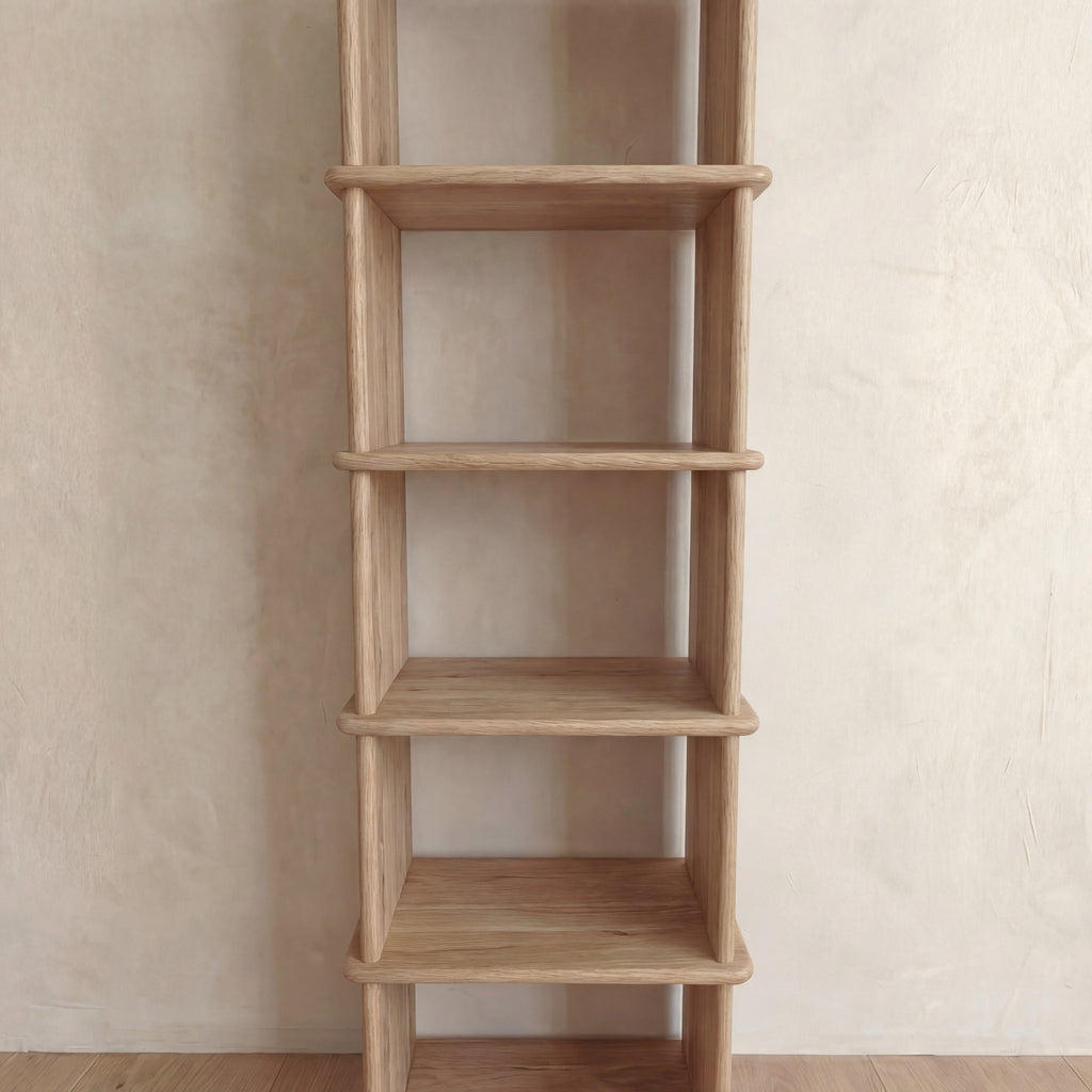 Narrow bookshelf in white oak