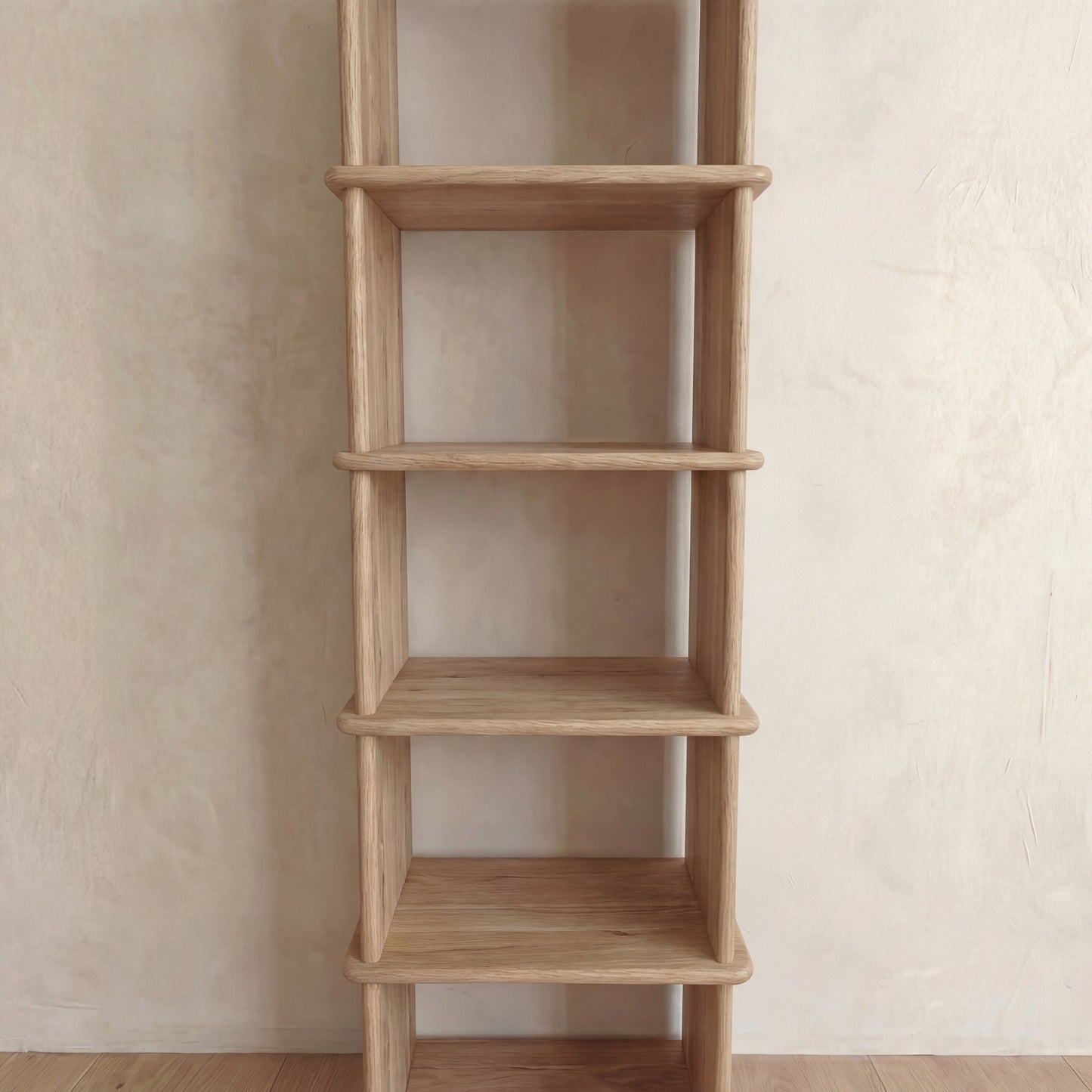 Narrow bookshelf in white oak