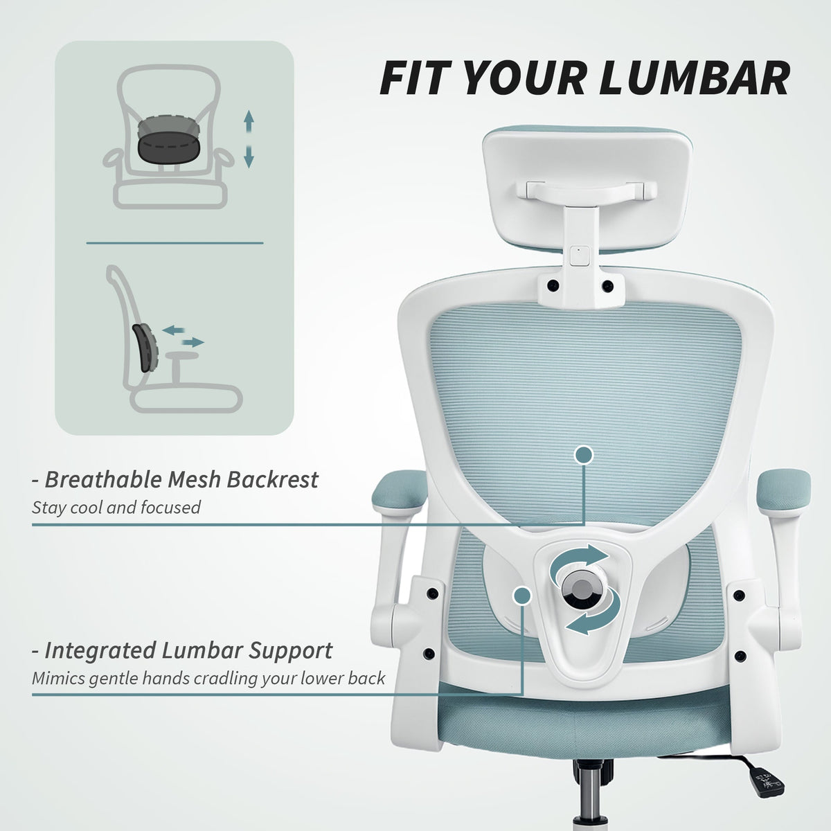 Ergonomic Office Chair, Mesh Desk Chair with Adjustable Headrest, Lumbar Support and Height, Flip-Up Armrests, Black