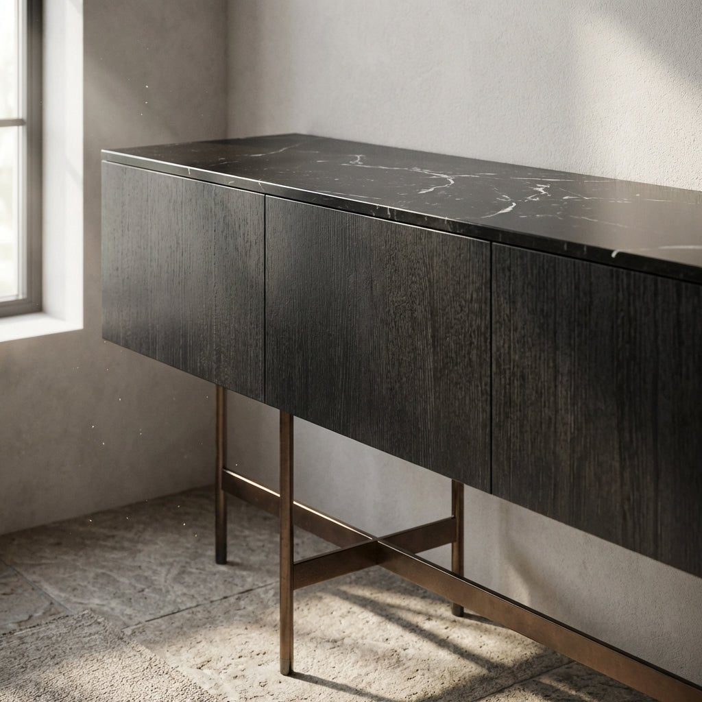 Nero Marquina Marble and Black Veneer Buffet