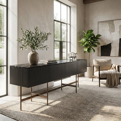 Nero Marquina Marble and Black Veneer Buffet