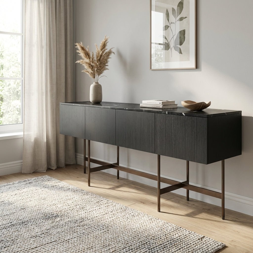 Nero Marquina Marble and Black Veneer Buffet