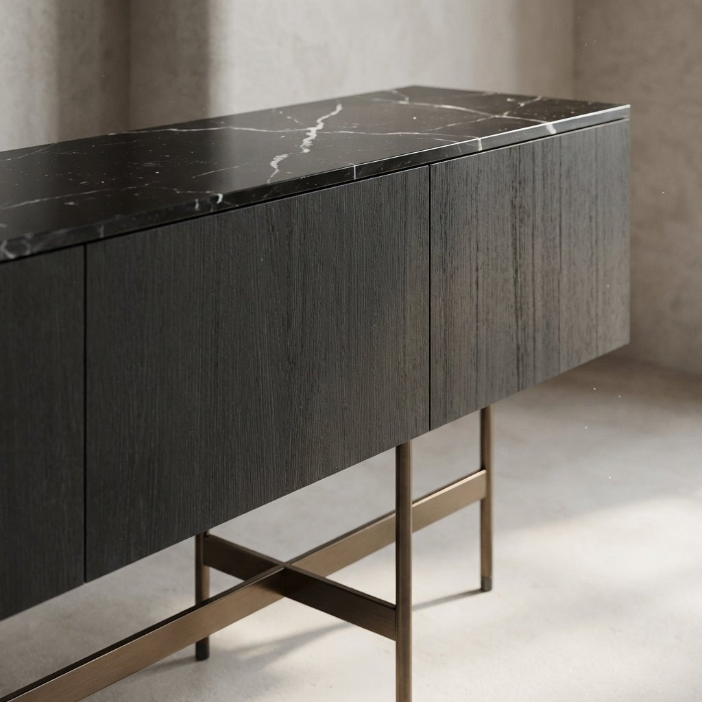Nero Marquina Marble and Black Veneer Buffet