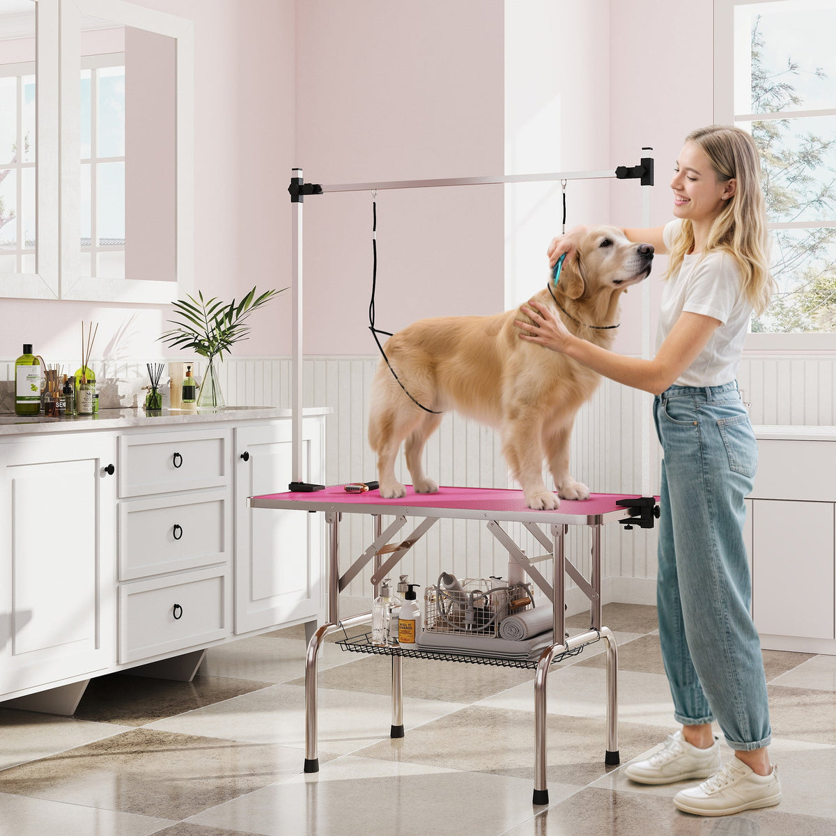 Adjustable Dog Grooming Table with 2 Safety Slings, Storage Basket, Black