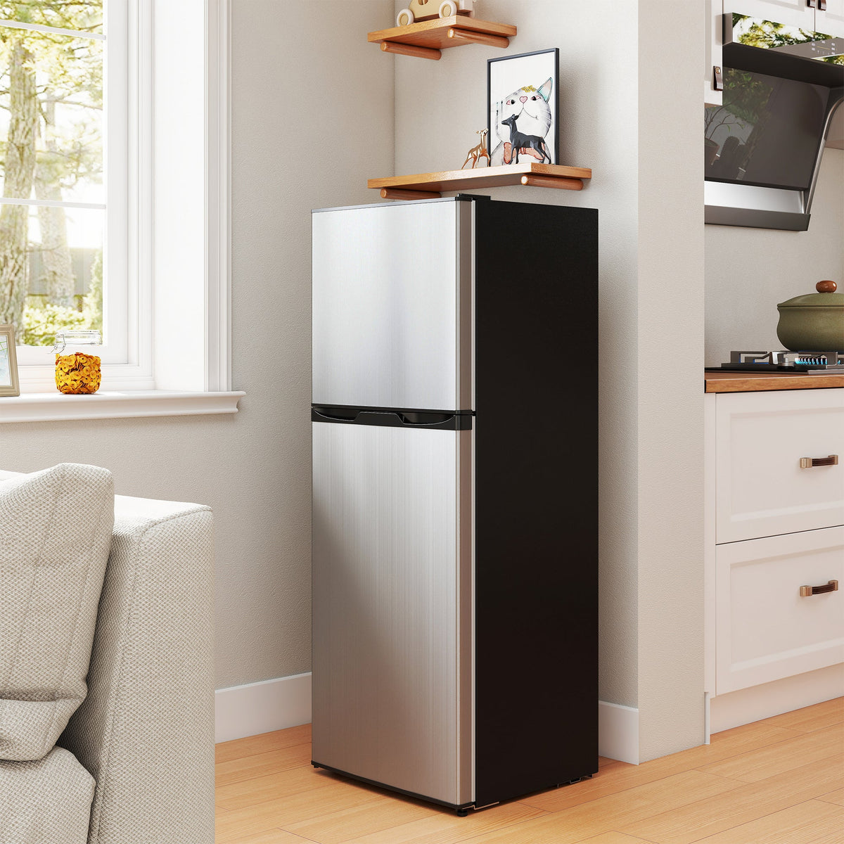 Double Door Mini Fridge with Freezer, 4.6 Cu.Ft Small Refrigerator with Thermostat, Shelves, Reversible Door, Black