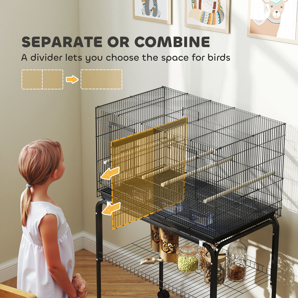 18" H Bird Cage, Large Parakeet Cage for Budgie, Lovebird, Canary, Finches with Divider, Black