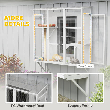 Wooden Catio Outdoor, Cat Window Box Enclosure for 2-3 Large Cats with 2 Jumping Platforms & Scratching Post, Grey