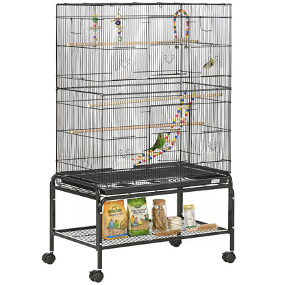 52" Bird Cage with Rolling Stand, Toys, for Budgies Canaries Black