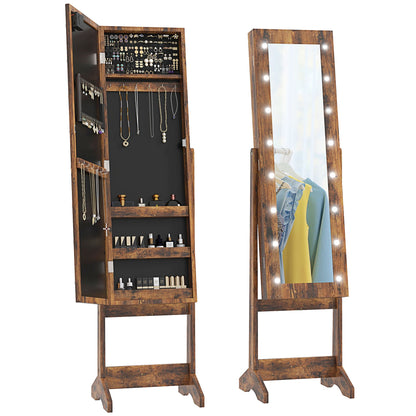 Free Standing Armoire Organizer, Lighted Mirrored Jewelry Cabinet w/ Angle Adjustable & 16 LED Lights Warm White
