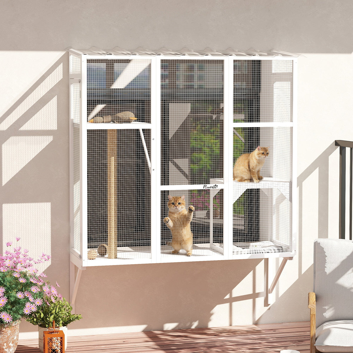 Wooden Catio Outdoor, Cat Window Box Enclosure for 2-3 Large Cats with 2 Jumping Platforms & Scratching Post, Grey