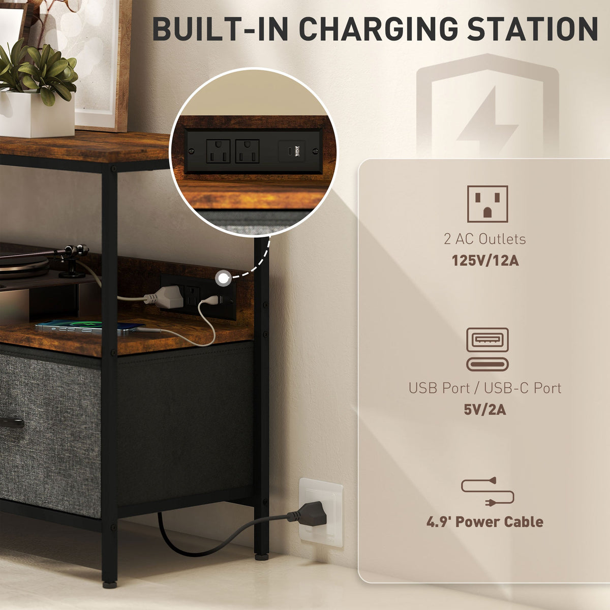 TV Stand with Charging Station, TV Table with 2 Foldable Linen Drawers and Open Shelf for 47 Inch Television, Black