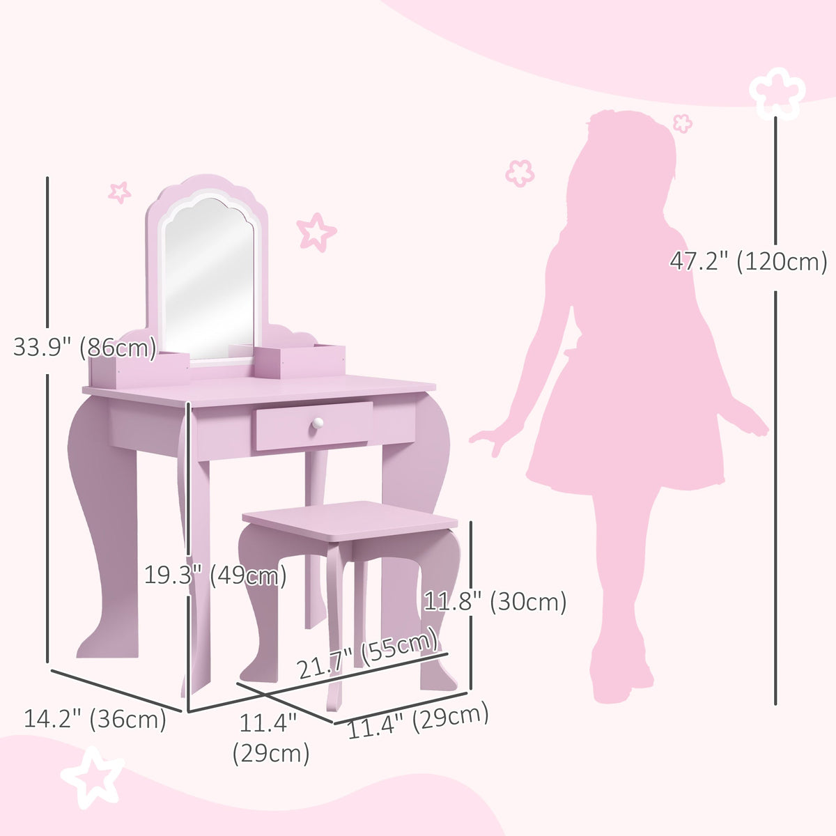 Makeup Vanity with Mirror and Stool, Cloud Design, Drawer, Storage Boxes, for 3-6 Years Old, Pink
