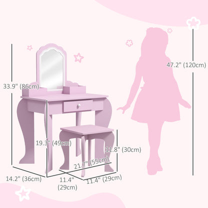 Makeup Vanity with Mirror and Stool, Cloud Design, Drawer, Storage Boxes, for 3-6 Years Old, Pink