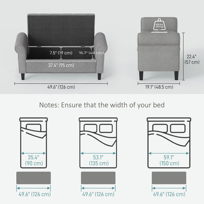 50 Inches Storage Ottoman, Upholstered Bedroom Bench with Rolled Arms and Button Tufted Storage, Light Grey