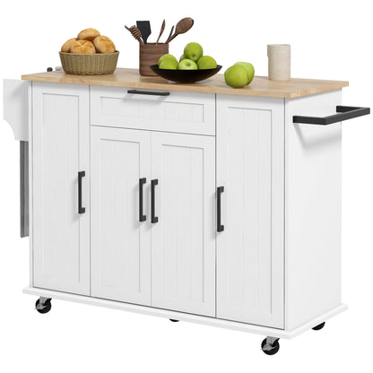 Modern Rolling Kitchen Island Cart with Drawers, Natural Wood Top, Towel Rack, Door Storage Cabinet, Black