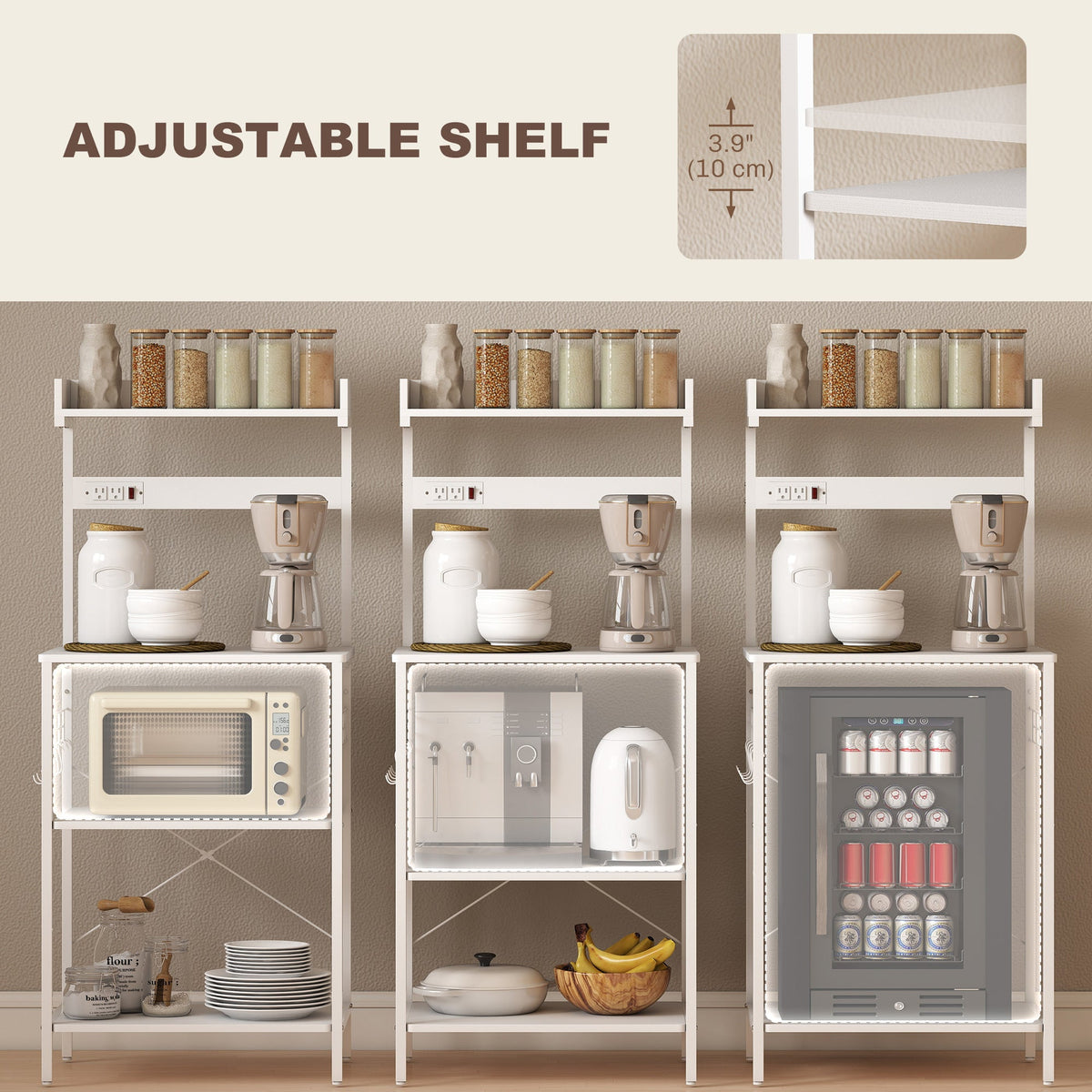Kitchen Baker's Rack with Power Outlet, Coffee Bar Station with Adjustable Shelves and Hooks, Distressed Grey