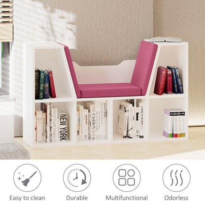 6-Cubby Bookcase with Seat Cushion, Cube Storage Shelf with Reading Nook for Home Office, Study, Blue