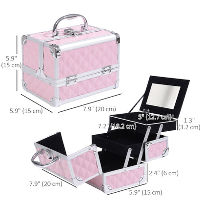 3 Tier Diamond Texture Makeup Train Case Cosmetic Organizer with Mirror, Black