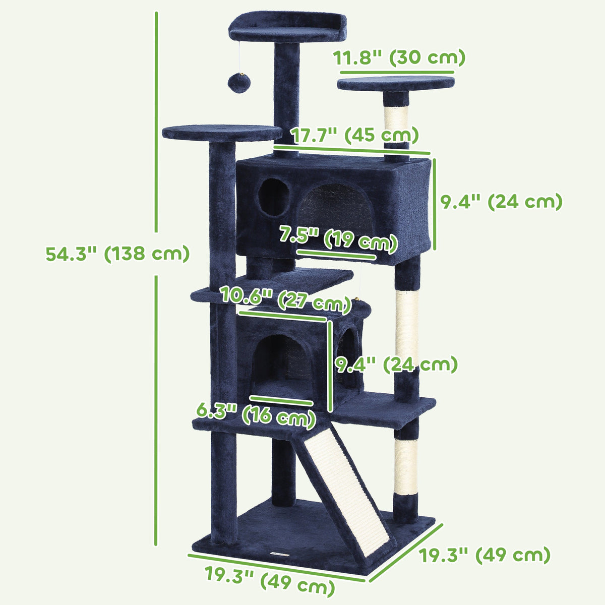 54" Cat Tree, Multi-Level Cat Tower with Scratching Posts, Cat Condos, Bed, Platforms, Ramp, Toy Ball, Beige