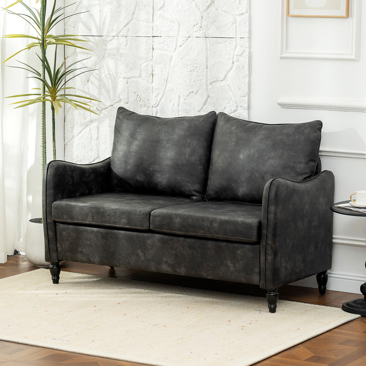55" Loveseat Sofa, Small 2 Seater Couch with Solid Wood Legs, Modern PU Leather Upholstered Sofa for Small Spaces, Brown