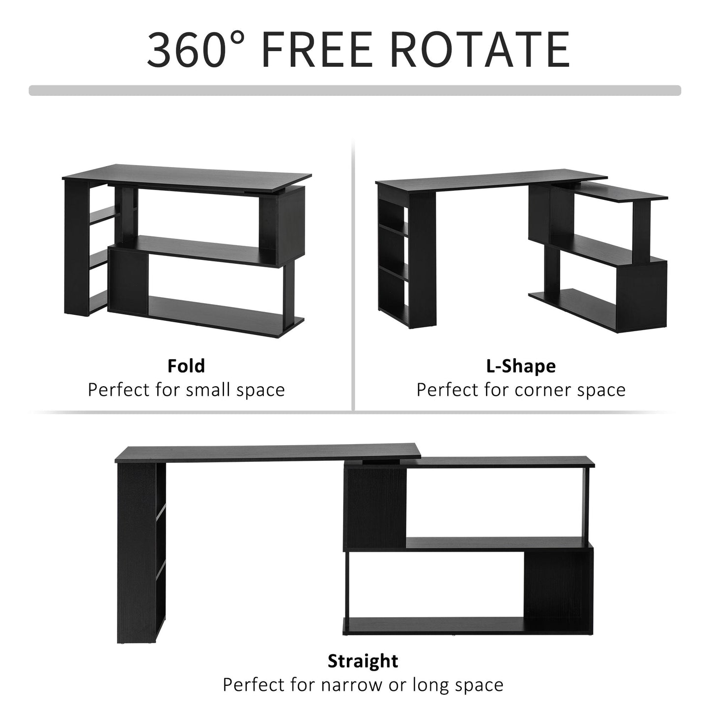 Denver L-Shaped Office Desk with 360° Rotating Corner Extension-Black