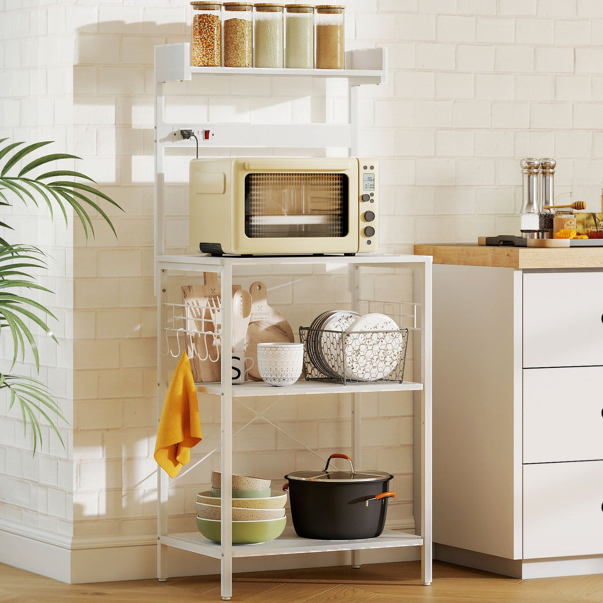 Kitchen Baker's Rack with Power Outlet, Coffee Bar Station with Adjustable Shelves and Hooks, Distressed Grey