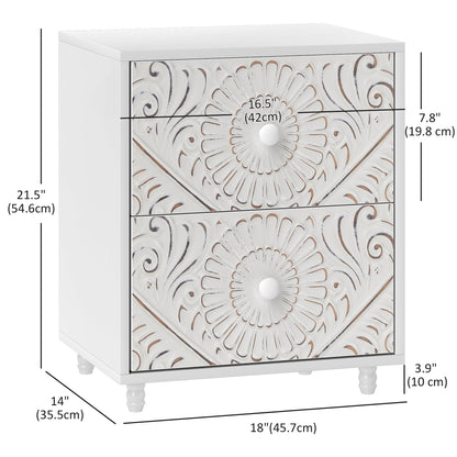 Mid-Century Bedside Table, Nightstand with 2 Drawers, Side End Table for Bedroom, White