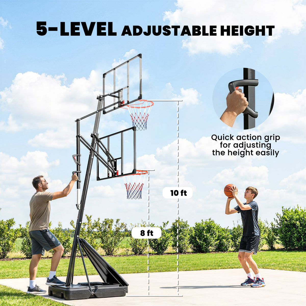 Portable Basketball Hoop Height Adjustable 8-10 Ft with 47" Shatterproof Backboard, Shock Absorbent Rim, Fillable Base