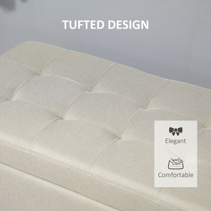 Rectangular Entry Bench, Tufted Upholstered Linen Fabric Wood Feet Storage Ottoman Bench, Beige