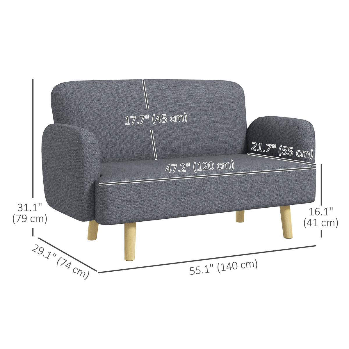 Velvet Feel Fabric 2 Seater Sofa, Small Sofa Loveseat with 8.3" Thick Padding and Wood Legs, Black
