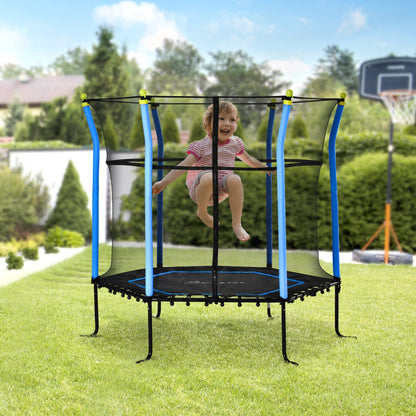63" Kids Trampoline Mini Indoor Bouncer Jumper with Enclosure Net Elastic Thick Padded Pole Gift for Child Toddler Age 3-6 Years Old Blue