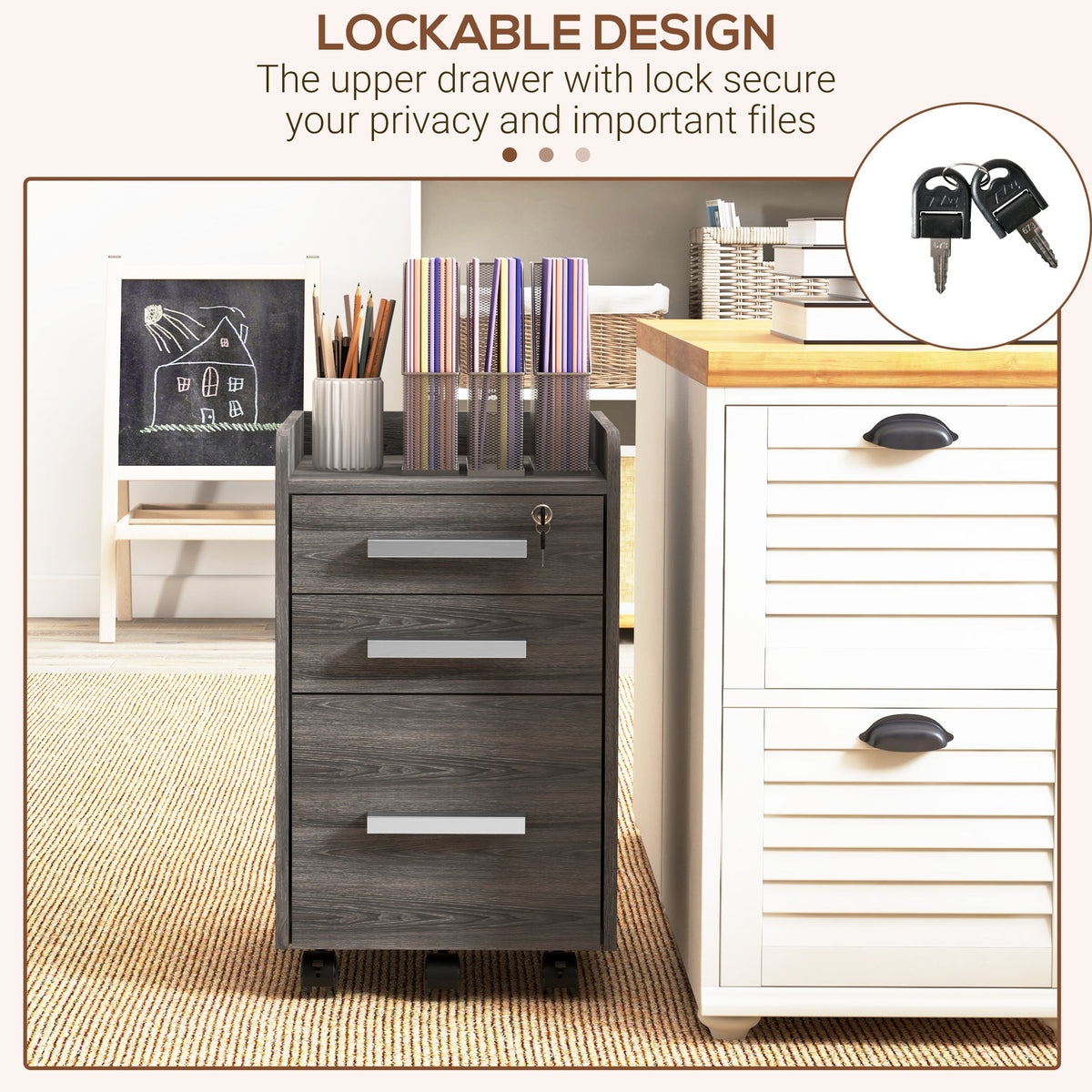 3 Drawer File Cabinet with Lock and Edged Top, Lockable Filing Cabinet on Wheels for Letter and A4 Size, White