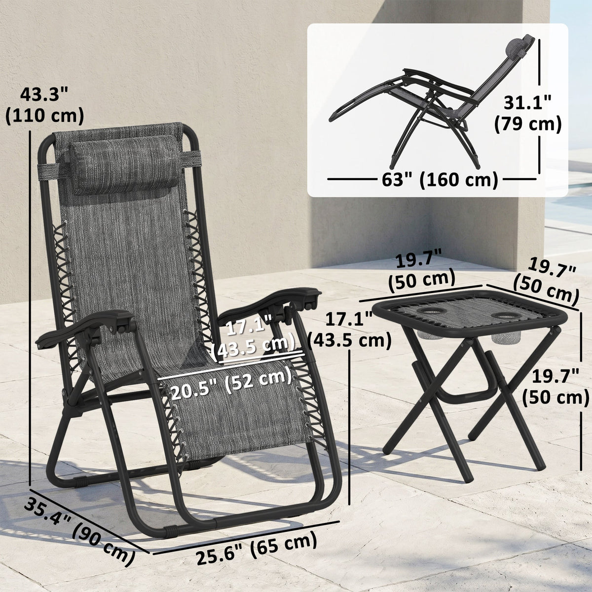 Zero Gravity Chair Set of 2 Patio Chair with Side Table Cupholders and Pillows for Pool, Backyard, Lawn, Black