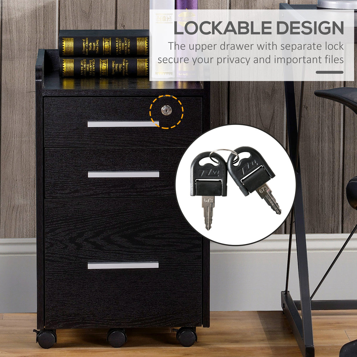 3 Drawer File Cabinet with Lock and Edged Top, Lockable Filing Cabinet on Wheels for Letter and A4 Size, White