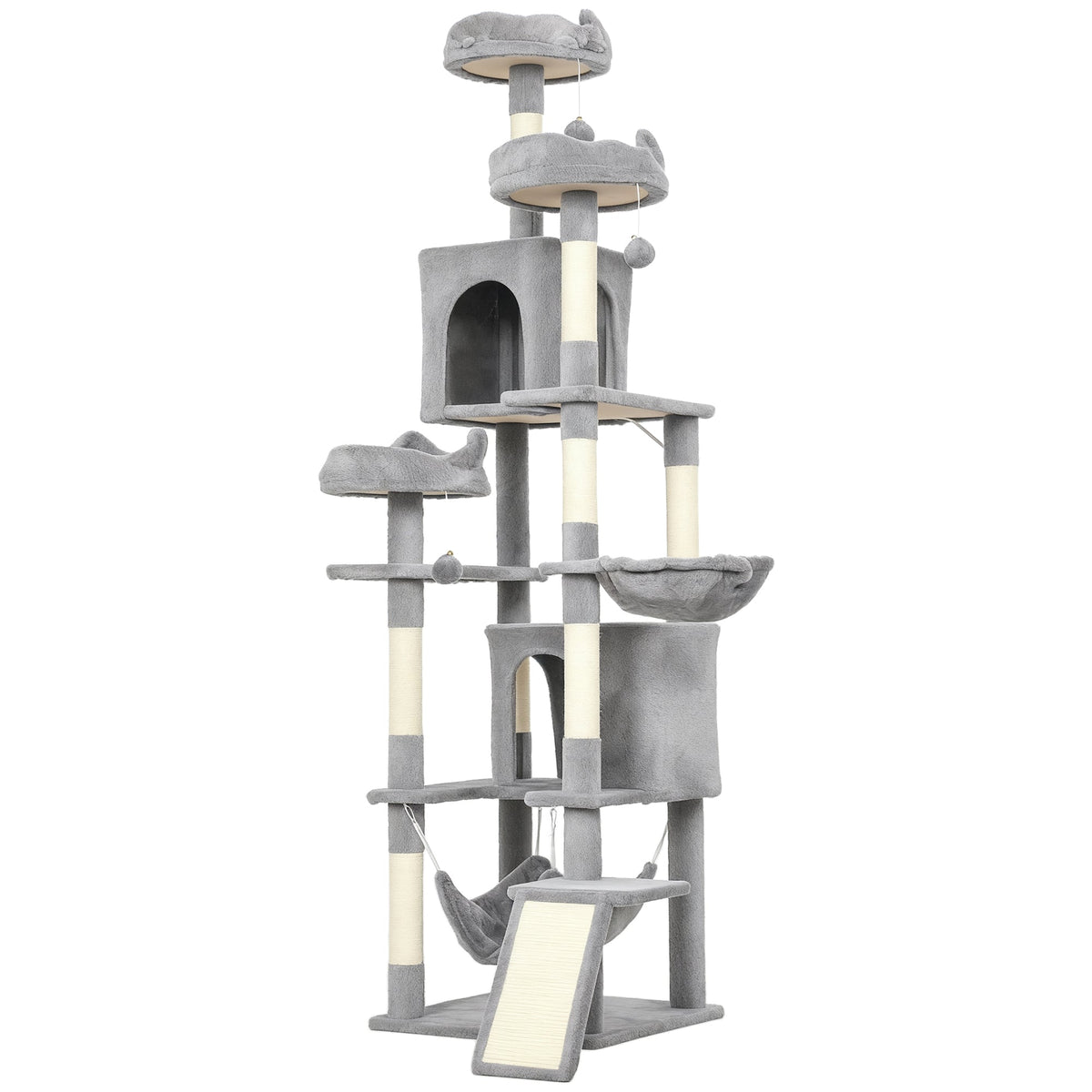 76" Large Cat Tree for Indoor Cats with 8 Scratching Posts, 3 Plush Beds, 2 Hammocks, 2 Large Condos, Ramp, Dark Grey