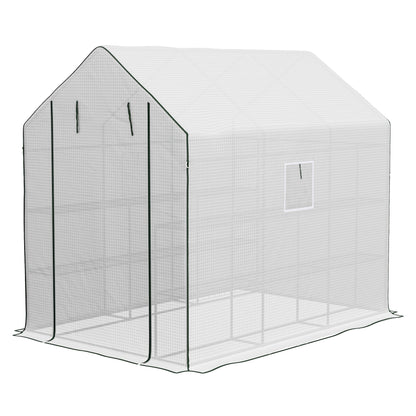 Walk-in Greenhouse with 3 Tier, Garden Plant Growhouse with Roll-up Door and Mesh Windows, 140 x 213 x 190 cm, Green