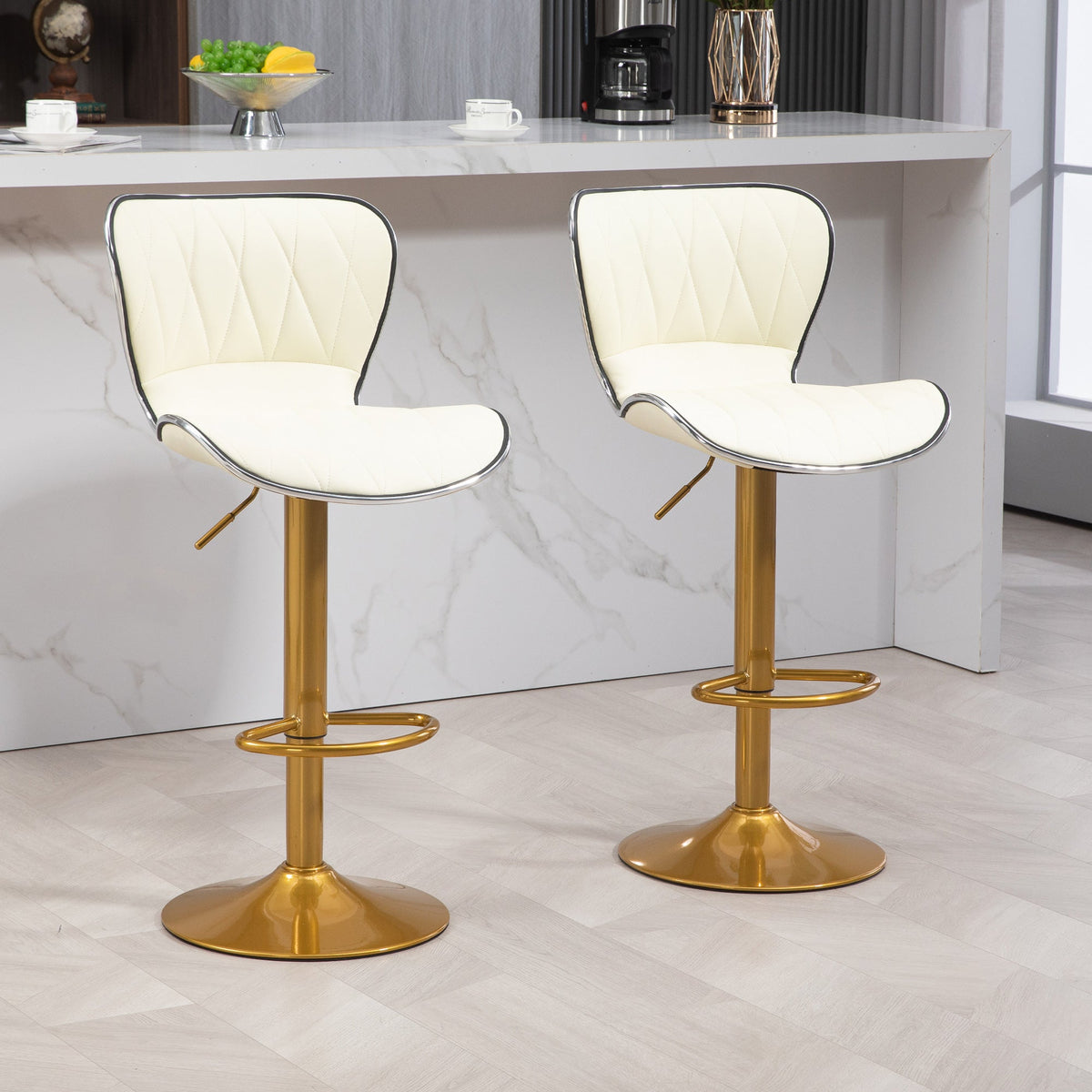 Maxi Counter Height Bar Stools Set of 2-Adjustable Height and Swivel Seat-White/Gold