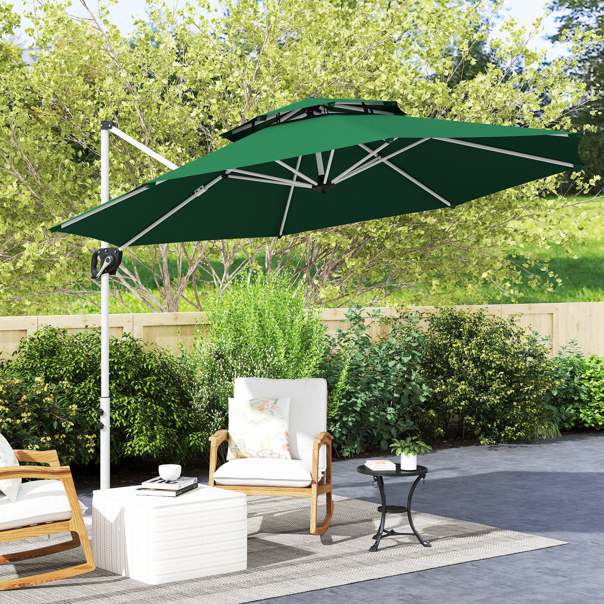 10 FT Cantilever Patio Umbrella with 360° Rotation & Adjustable Height, Cross Base, Crank and Tilt, Dark Green