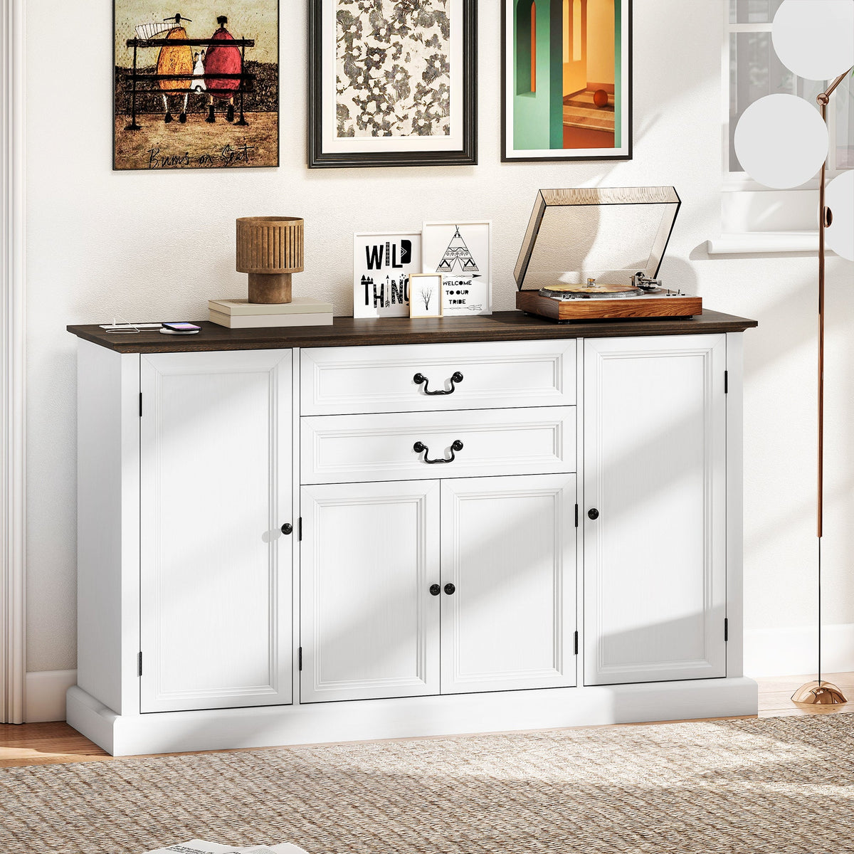 Farmhouse Sideboard with Charging Station and Thickened Top, 58" Buffet Cabinet with 2 Soft-Close Drawers, Black