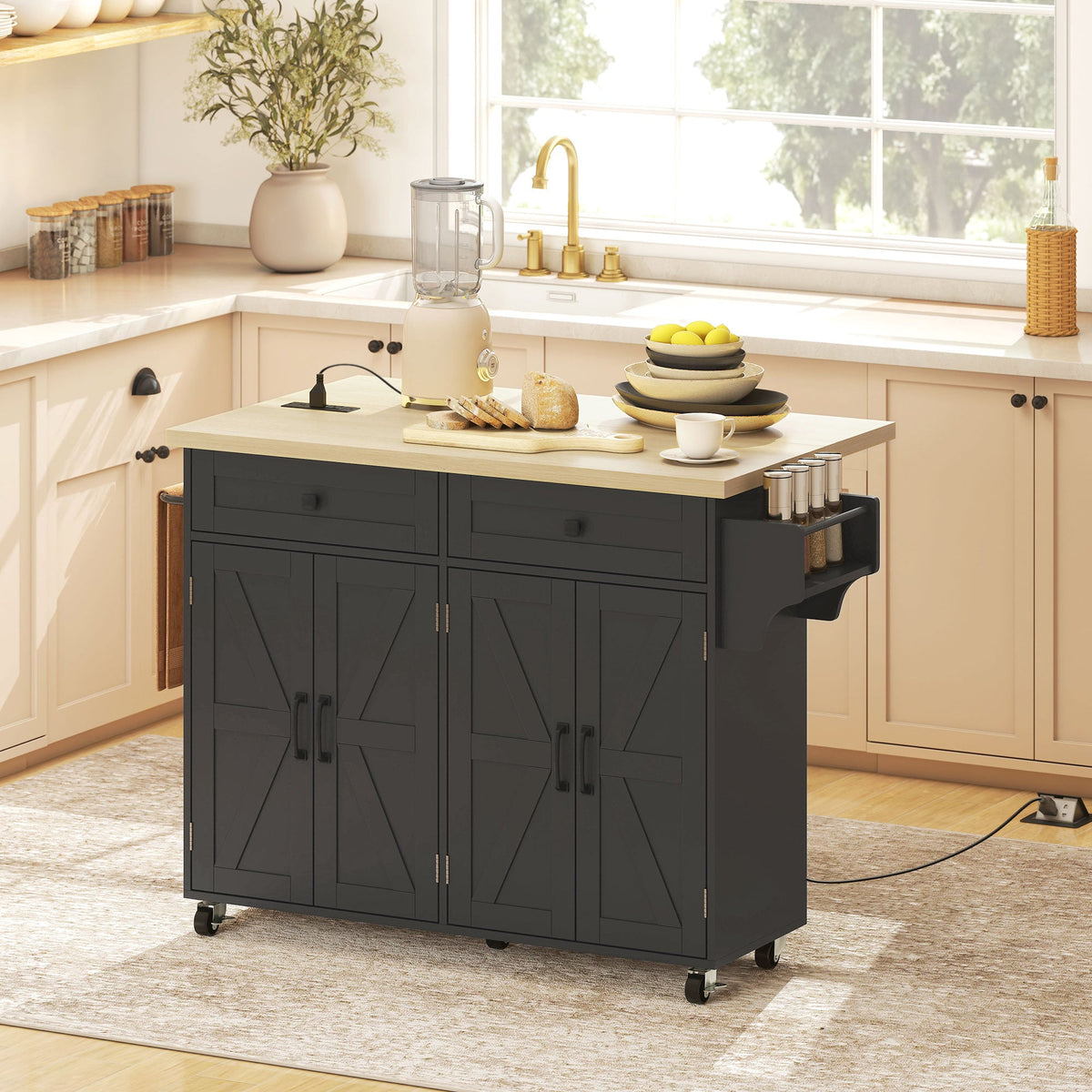 Kitchen Island with Storage, Rolling Kitchen Cart with Charging Station, Drop Leaf, Spice Rack, Towel Rack, Drawers