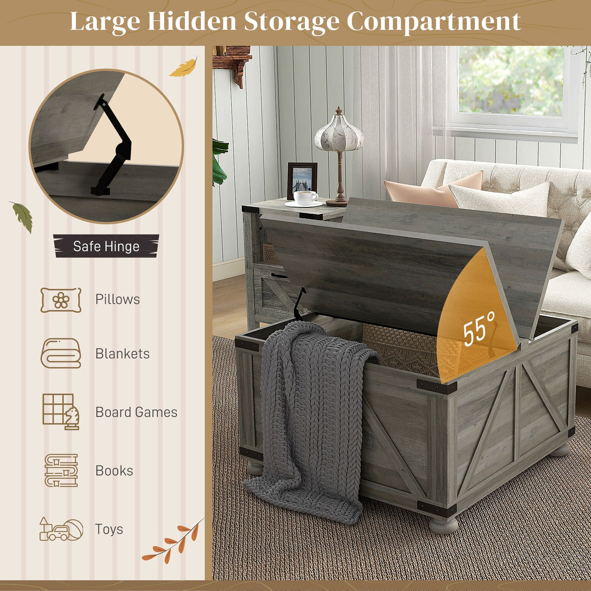 Farmhouse Coffee Table, Square Center Table with Flip-top Lids, Hidden Storage Compartment and Wooden Legs, Oak