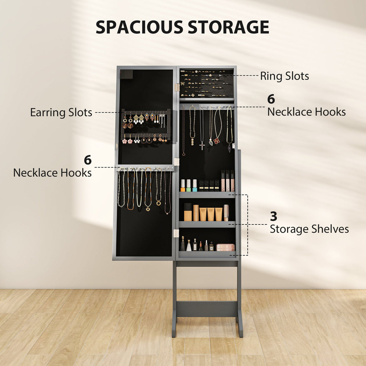 Free Standing Armoire Organizer, Lighted Mirrored Jewelry Cabinet w/ Angle Adjustable & 16 LED Lights Warm White