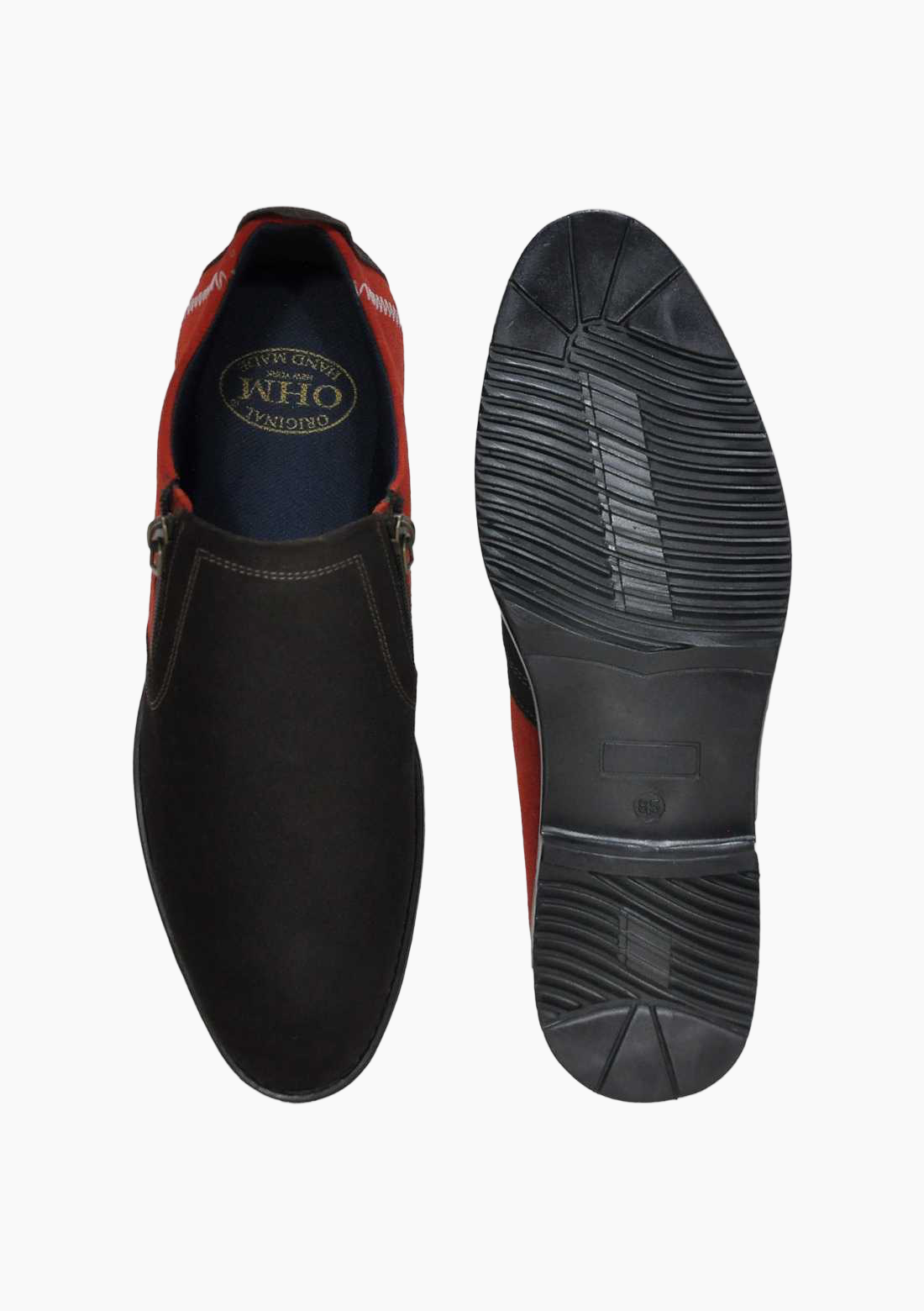 OHM Plain Toe Zip Closure Slip-on Leather Shoes Brown/ Red