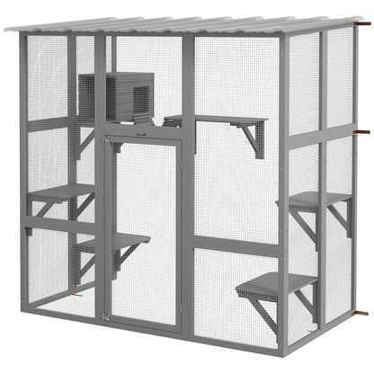 Large Outdoor Catio with Weatherproof Roof, Bridge, Resting Box, Platforms, Grey